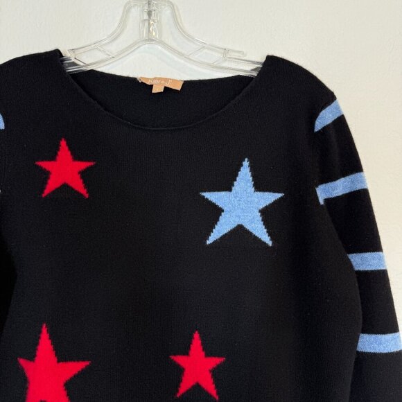 Black Cashmere Sweater Novelty Star Stripe Design Blue Large - Picture 4 of 10